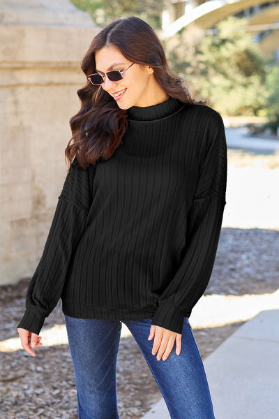 Basic Bae Full Size Ribbed Exposed Seam Mock Neck Knit Top Luvéillé