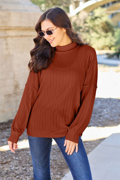Basic Bae Full Size Ribbed Exposed Seam Mock Neck Knit Top Luvéillé
