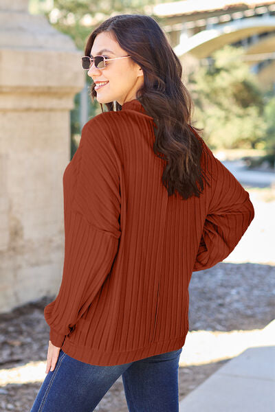 Basic Bae Full Size Ribbed Exposed Seam Mock Neck Knit Top Luvéillé