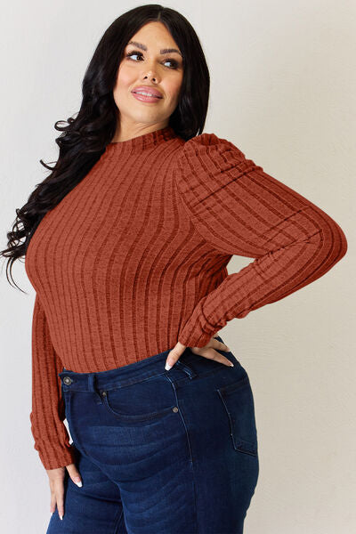 Basic Bae Full Size Ribbed Mock Neck Puff Sleeve T-Shirt Luvéillé