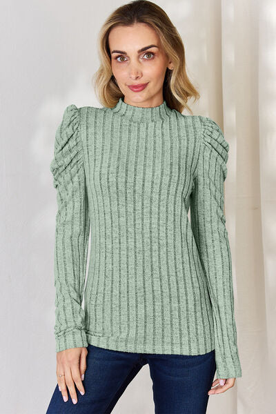 Basic Bae Full Size Ribbed Mock Neck Puff Sleeve T-Shirt Luvéillé