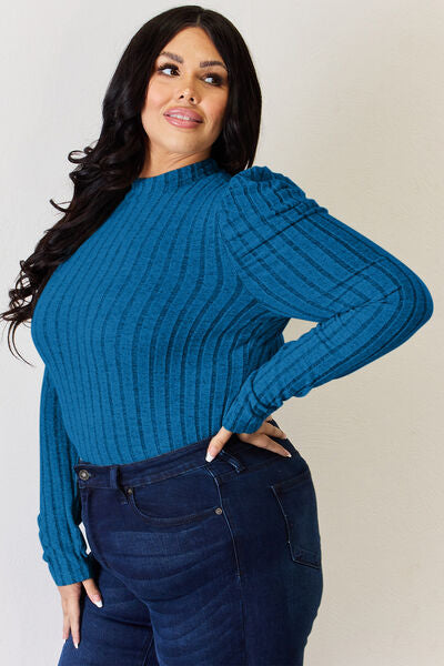 Basic Bae Full Size Ribbed Mock Neck Puff Sleeve T-Shirt Luvéillé
