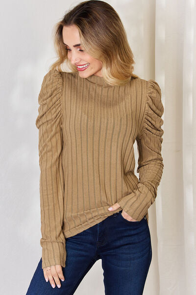 Basic Bae Full Size Ribbed Mock Neck Puff Sleeve T-Shirt Luvéillé