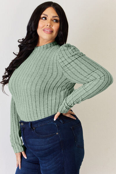 Basic Bae Full Size Ribbed Mock Neck Puff Sleeve T-Shirt Luvéillé