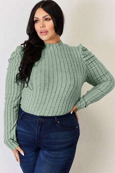 Basic Bae Full Size Ribbed Mock Neck Puff Sleeve T-Shirt Luvéillé