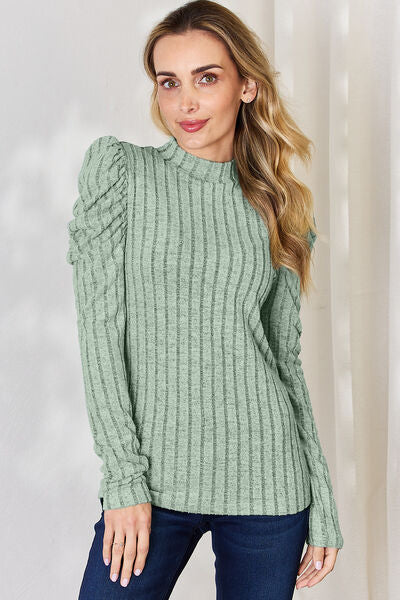 Basic Bae Full Size Ribbed Mock Neck Puff Sleeve T-Shirt Luvéillé