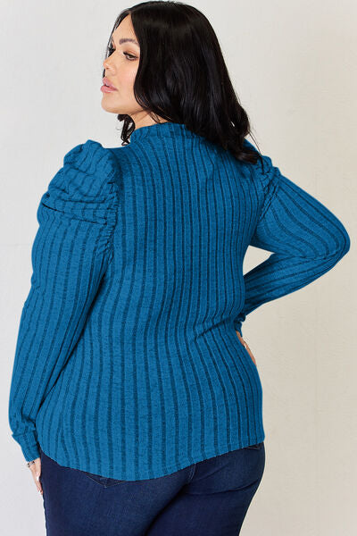 Basic Bae Full Size Ribbed Mock Neck Puff Sleeve T-Shirt Luvéillé