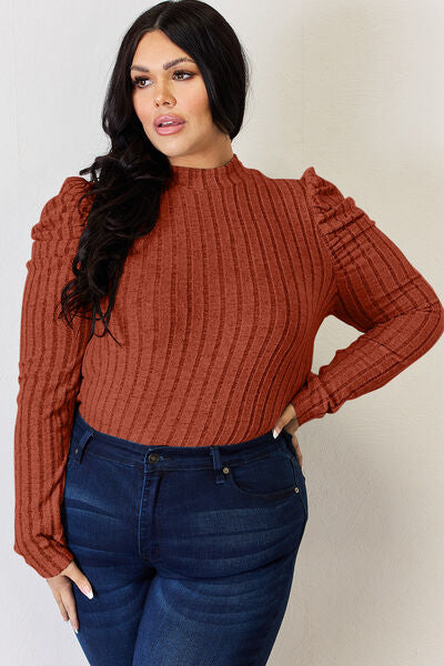 Basic Bae Full Size Ribbed Mock Neck Puff Sleeve T-Shirt Luvéillé