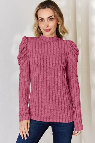 Basic Bae Full Size Ribbed Mock Neck Puff Sleeve T-Shirt Luvéillé