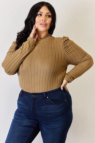 Basic Bae Full Size Ribbed Mock Neck Puff Sleeve T-Shirt Luvéillé