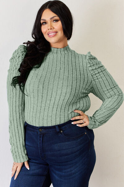 Basic Bae Full Size Ribbed Mock Neck Puff Sleeve T-Shirt Luvéillé