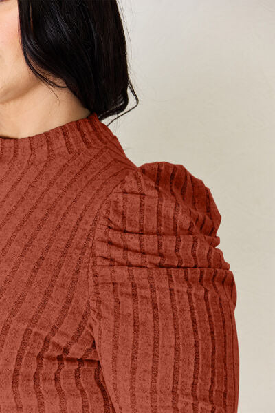 Basic Bae Full Size Ribbed Mock Neck Puff Sleeve T-Shirt Luvéillé