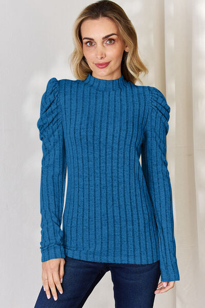 Basic Bae Full Size Ribbed Mock Neck Puff Sleeve T-Shirt Luvéillé