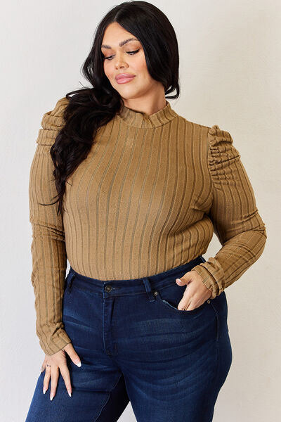 Basic Bae Full Size Ribbed Mock Neck Puff Sleeve T-Shirt Luvéillé