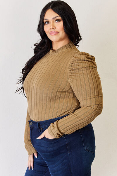 Basic Bae Full Size Ribbed Mock Neck Puff Sleeve T-Shirt Luvéillé