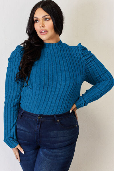 Basic Bae Full Size Ribbed Mock Neck Puff Sleeve T-Shirt Luvéillé