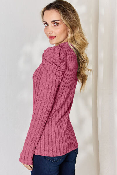 Basic Bae Full Size Ribbed Mock Neck Puff Sleeve T-Shirt Luvéillé
