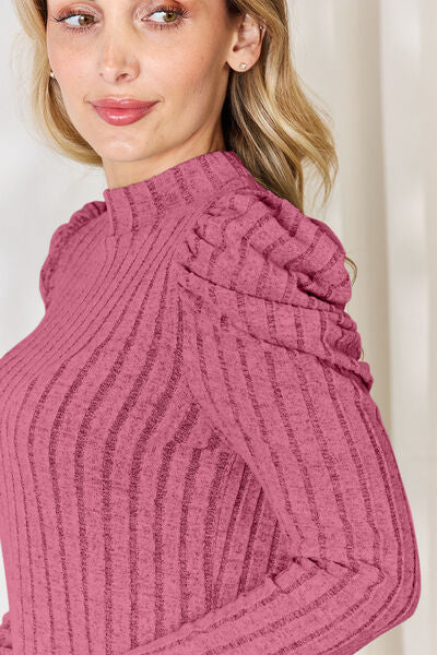 Basic Bae Full Size Ribbed Mock Neck Puff Sleeve T-Shirt Luvéillé
