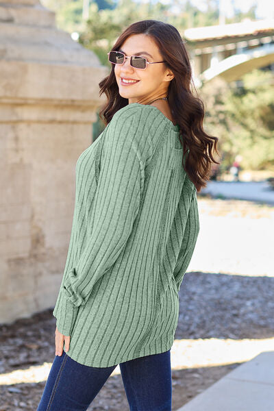Basic Bae Full Size Ribbed Round Neck Long Sleeve Knit Top Luvéillé