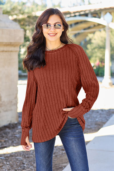 Basic Bae Full Size Ribbed Round Neck Long Sleeve Knit Top Luvéillé