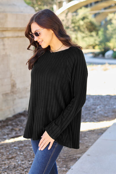 Basic Bae Full Size Ribbed Round Neck Long Sleeve Knit Top Luvéillé