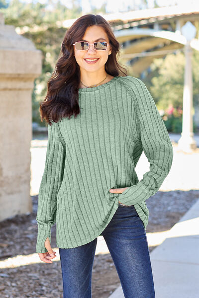 Basic Bae Full Size Ribbed Round Neck Long Sleeve Knit Top Luvéillé