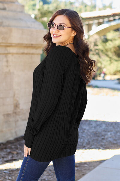 Basic Bae Full Size Ribbed Round Neck Long Sleeve Knit Top Luvéillé