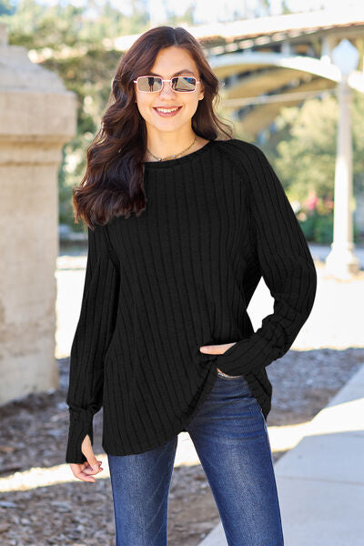 Basic Bae Full Size Ribbed Round Neck Long Sleeve Knit Top Luvéillé