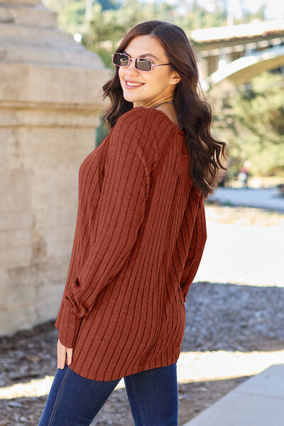 Basic Bae Full Size Ribbed Round Neck Long Sleeve Knit Top Luvéillé