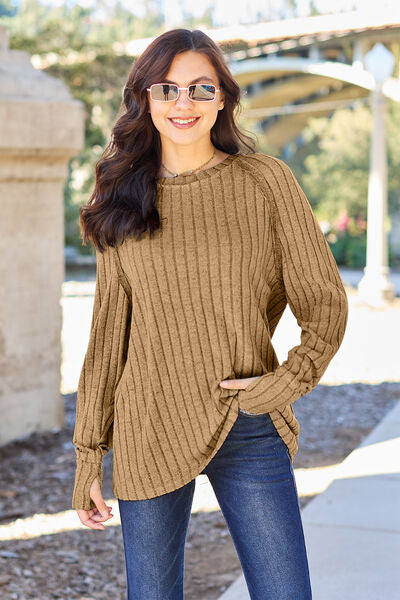 Basic Bae Full Size Ribbed Round Neck Long Sleeve Knit Top Luvéillé