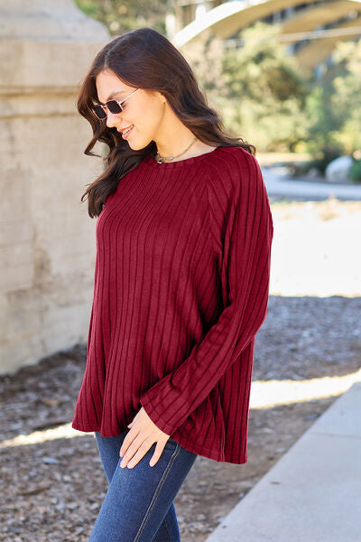 Basic Bae Full Size Ribbed Round Neck Long Sleeve Knit Top Luvéillé