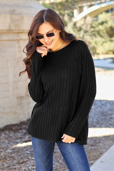 Basic Bae Full Size Ribbed Round Neck Long Sleeve Knit Top Luvéillé
