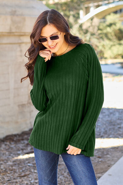 Basic Bae Full Size Ribbed Round Neck Long Sleeve Knit Top Luvéillé