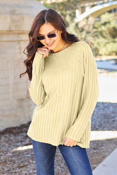 Basic Bae Full Size Ribbed Round Neck Long Sleeve Knit Top Luvéillé