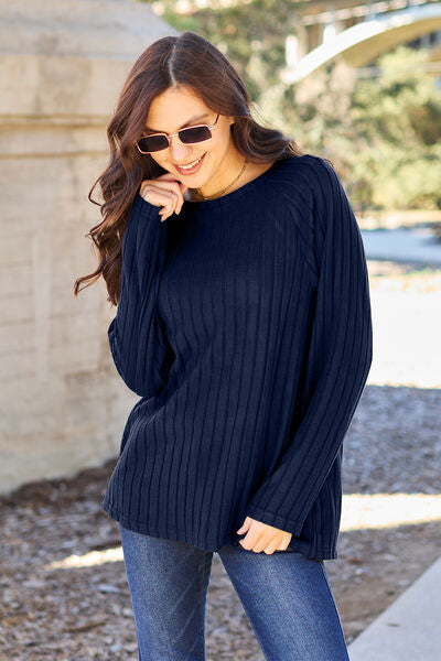 Basic Bae Full Size Ribbed Round Neck Long Sleeve Knit Top Luvéillé