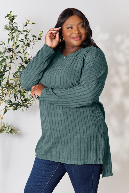 Basic Bae Full Size Ribbed Round Neck Long Sleeve Slit Top Luvéillé