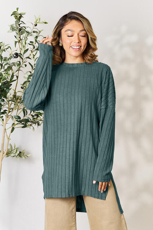 Basic Bae Full Size Ribbed Round Neck Long Sleeve Slit Top Luvéillé