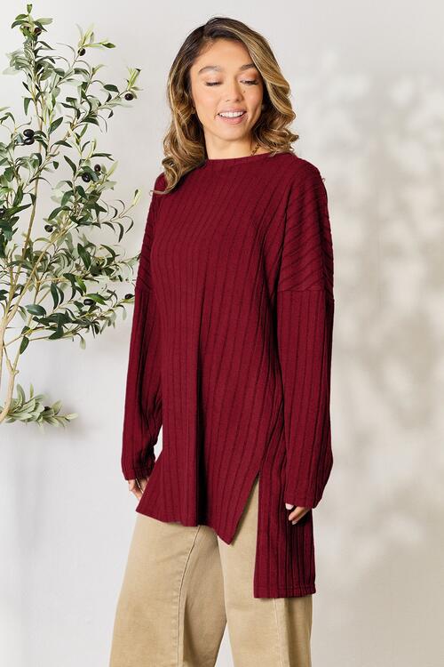 Basic Bae Full Size Ribbed Round Neck Long Sleeve Slit Top Luvéillé