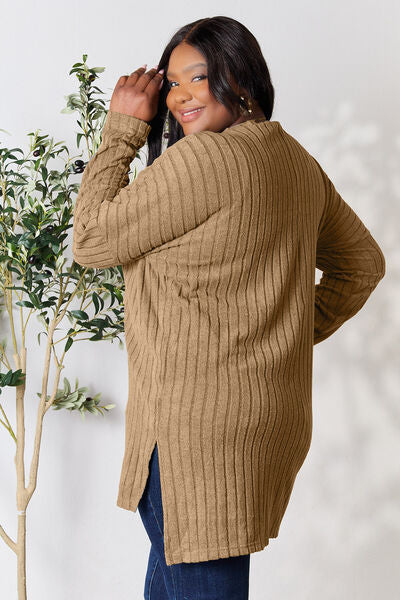Basic Bae Full Size Ribbed Round Neck Long Sleeve Slit Top Luvéillé