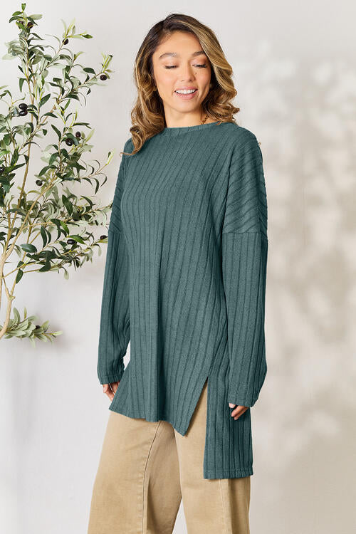 Basic Bae Full Size Ribbed Round Neck Long Sleeve Slit Top Luvéillé