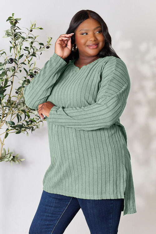 Basic Bae Full Size Ribbed Round Neck Long Sleeve Slit Top Luvéillé