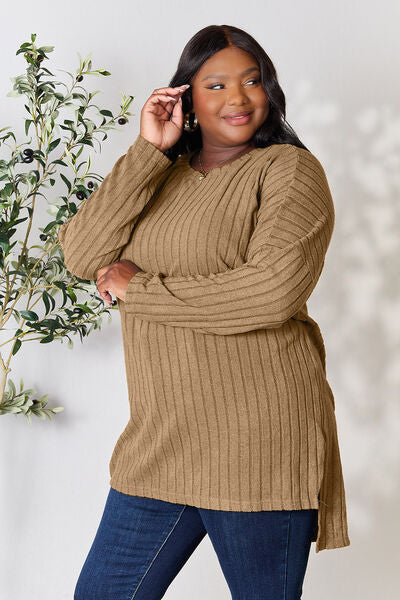 Basic Bae Full Size Ribbed Round Neck Long Sleeve Slit Top Luvéillé