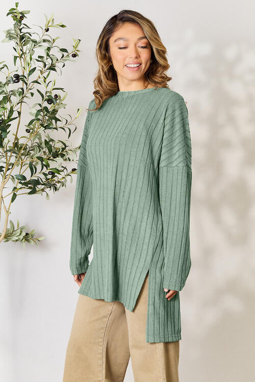 Basic Bae Full Size Ribbed Round Neck Long Sleeve Slit Top Luvéillé