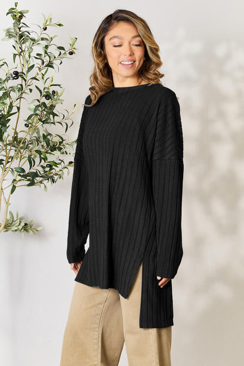 Basic Bae Full Size Ribbed Round Neck Long Sleeve Slit Top Luvéillé