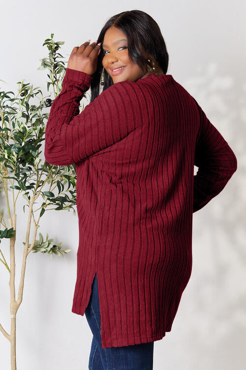 Basic Bae Full Size Ribbed Round Neck Long Sleeve Slit Top Luvéillé