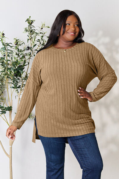 Basic Bae Full Size Ribbed Round Neck Long Sleeve Slit Top Luvéillé