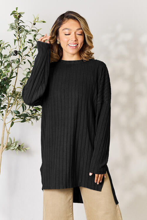 Basic Bae Full Size Ribbed Round Neck Long Sleeve Slit Top Luvéillé
