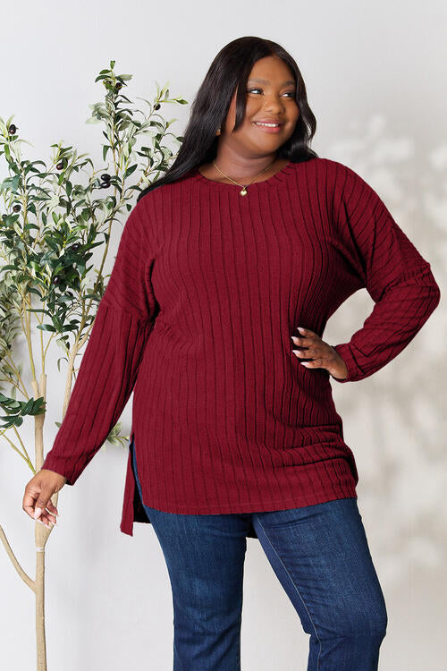 Basic Bae Full Size Ribbed Round Neck Long Sleeve Slit Top Luvéillé