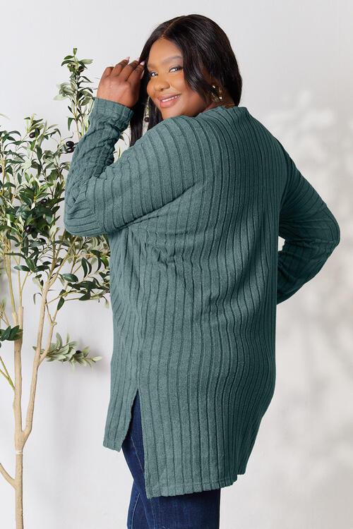 Basic Bae Full Size Ribbed Round Neck Long Sleeve Slit Top Luvéillé