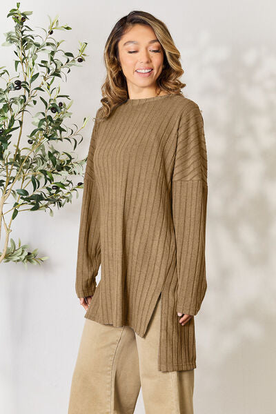 Basic Bae Full Size Ribbed Round Neck Long Sleeve Slit Top Luvéillé